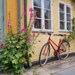 Bicicletă roșie lângă o fațadă galbenă, ușă verde și flori în Copenhaga